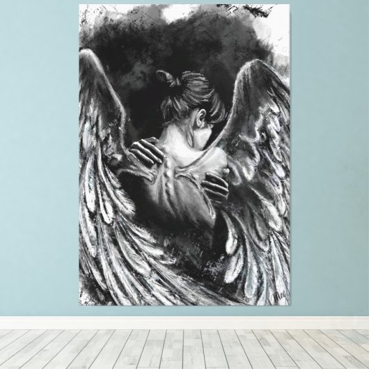 Angel Girl Canvas Afdrukken - zwart en wit schilde (Insitu (Houten vloer))