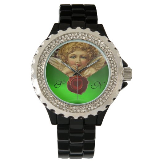 ANGEL HEART WAX SEAL, GROENE EMERALD GEM MONOGRAM HORLOGE (Voorkant)