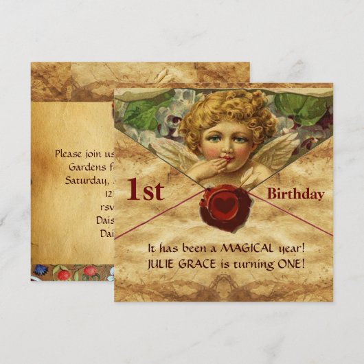 ANGEL HEART WAX SEAL PARCHMENT First Birthday Kaart (Voorkant / Achterkant)