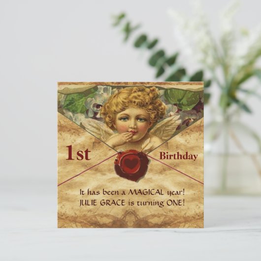 ANGEL HEART WAX SEAL PARCHMENT First Birthday Kaart (Staand voorkant)