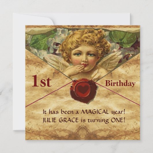 ANGEL HEART WAX SEAL PARCHMENT First Birthday Kaart (Voorkant)