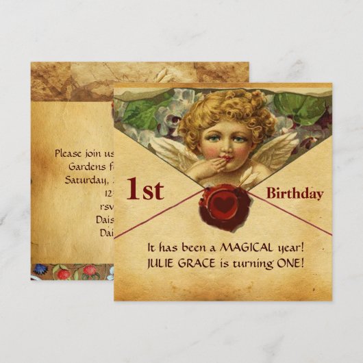 ANGEL HEART WAX SEAL PARCHMENT First Birthday Kaart (Voorkant / Achterkant)
