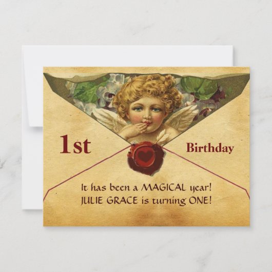 ANGEL HEART WAX SEAL PARCHMENT First Birthday Kaart (Voorkant)