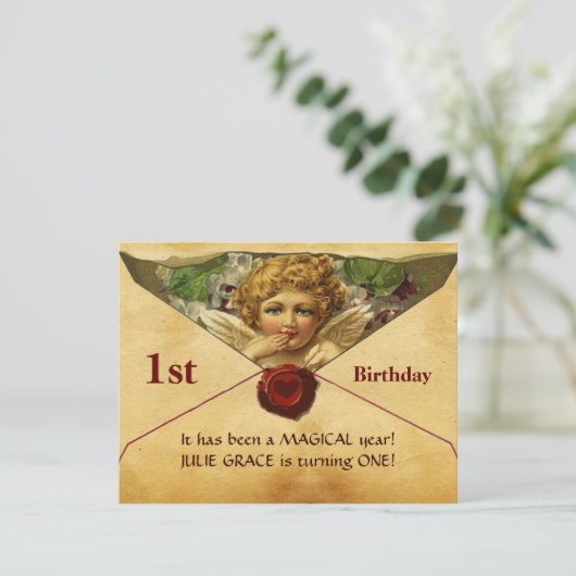 ANGEL HEART WAX SEAL PARCHMENT First Birthday Kaart (Staand voorkant)