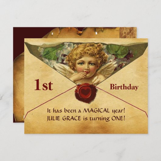 ANGEL HEART WAX SEAL PARCHMENT First Birthday Kaart (Voorkant / Achterkant)