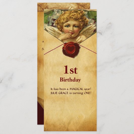 ANGEL HEART WAX SEAL PARCHMENT First Birthday Kaart (Voorkant / Achterkant)