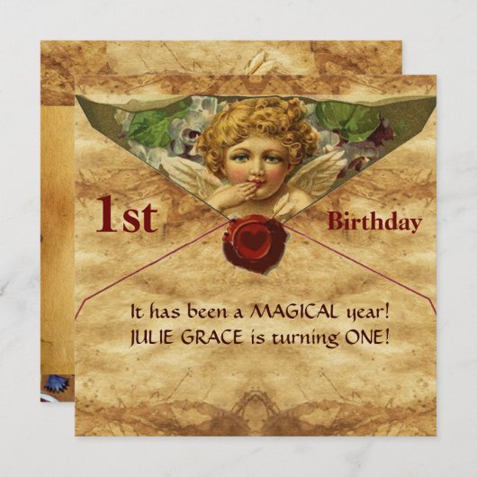 ANGEL HEART WAX SEAL PARCHMENT First Birthday Kaart (Voorkant / Achterkant)
