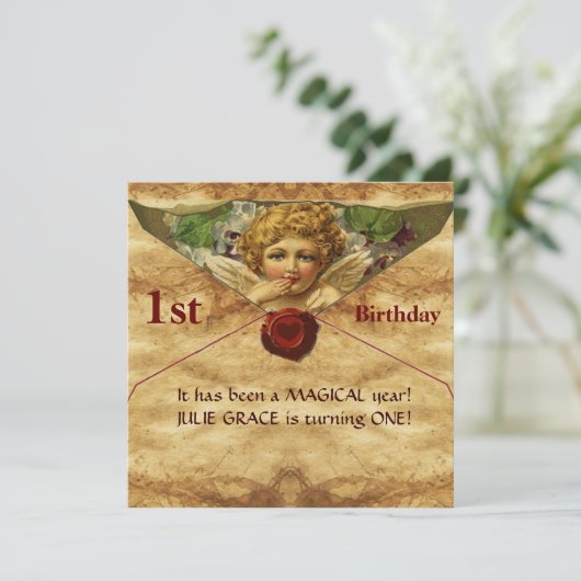 ANGEL HEART WAX SEAL PARCHMENT First Birthday Kaart (Staand voorkant)
