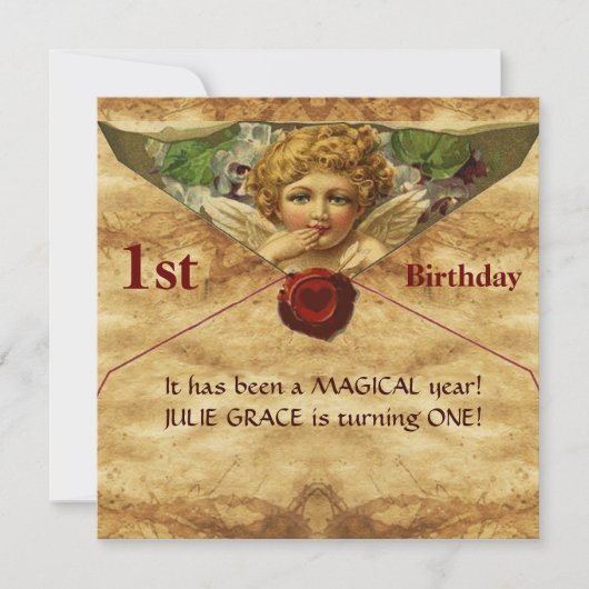 ANGEL HEART WAX SEAL PARCHMENT First Birthday Kaart (Voorkant)