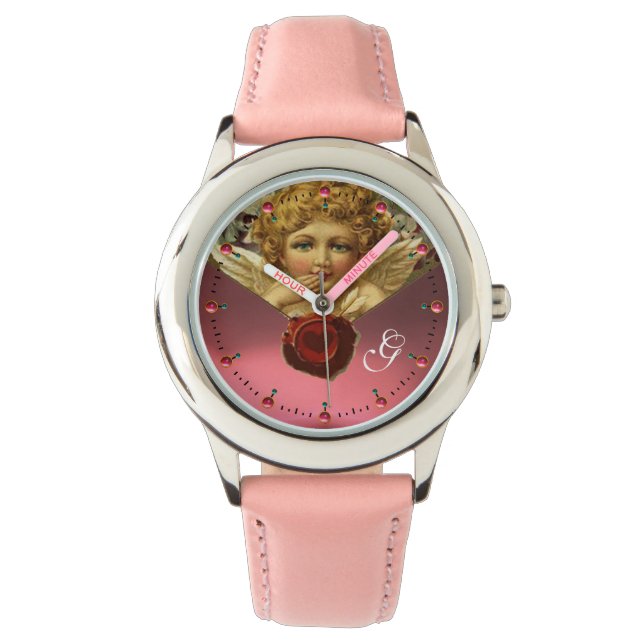 ANGEL HEART WAX SEAL, PINK RUBY GEM MONOGRAM HORLOGE (Voorkant)