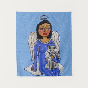 Angel Holding Cat op Cloud Silver Halos Light Blue Wandkleed