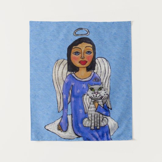 Angel Holding Cat op Cloud Silver Halos Light Blue Wandkleed (Voorkant)