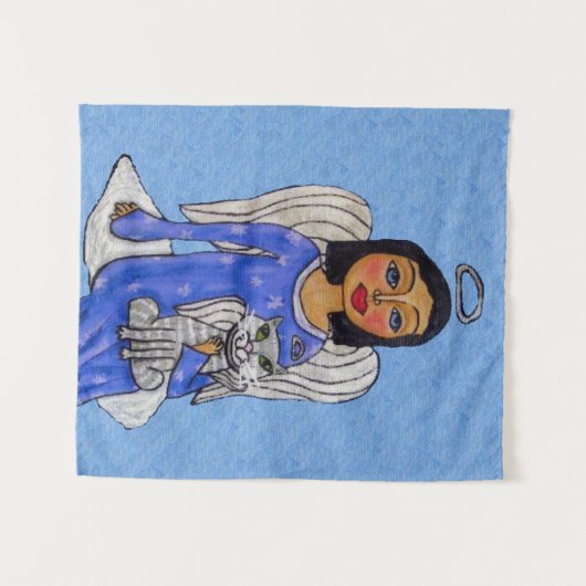 Angel Holding Cat op Cloud Silver Halos Light Blue Wandkleed (Voorkant (horizontaal))