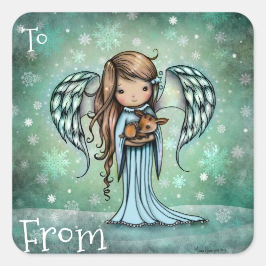 Angel holding Fawn Holiday Christmas Gift Label (Voorkant)