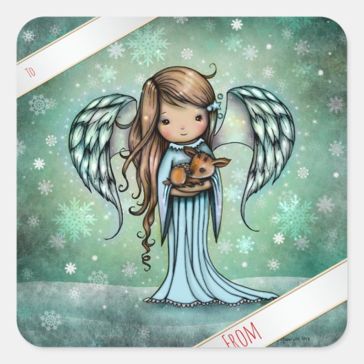 Angel holding Fawn Illustrated Art Vierkante Sticker (Voorkant)