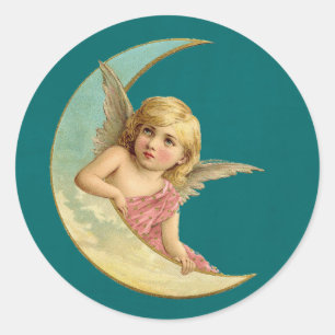 Angel in een crescent maan vintage image ronde sticker