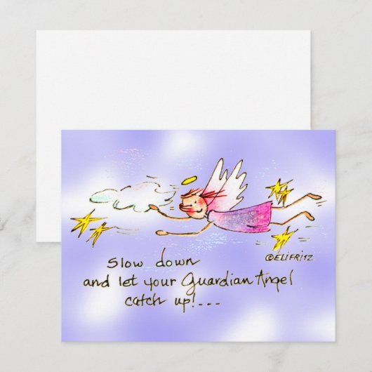 Angel in Paarse en gouden sterren zegt langzame sc Notitiekaartje (Voorkant / Achterkant)