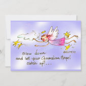 Angel in Paarse en gouden sterren zegt langzame te Feestdagenkaart (Voorkant)