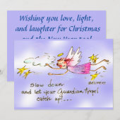 Angel in Paarse en gouden sterren zegt langzame te Feestdagenkaart (Voorkant / Achterkant)