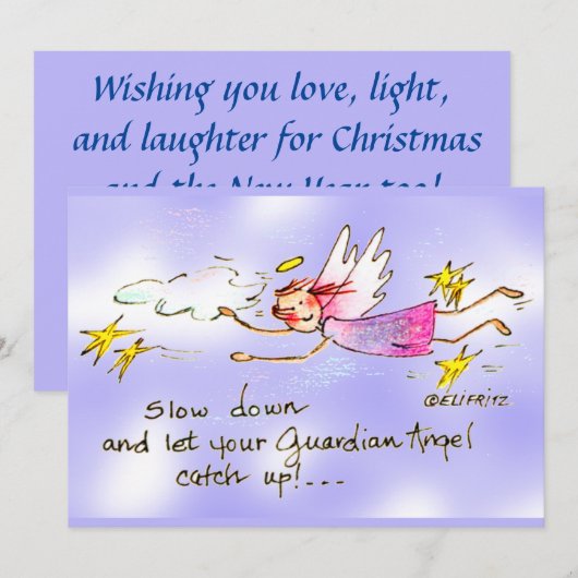 Angel in Paarse en gouden sterren zegt langzame te Feestdagenkaart (Voorkant / Achterkant)