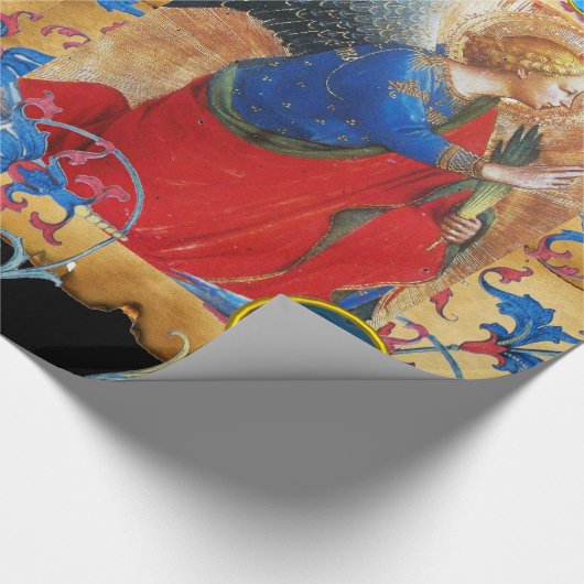 ANGEL IN RODE, GOUD, BLAUWE VLOEISTOFFEN EN PARELT CADEAUPAPIER (Hoek)