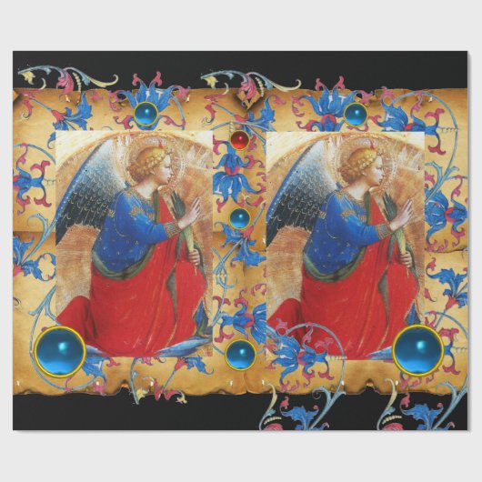 ANGEL IN RODE, GOUD, BLAUWE VLOEISTOFFEN EN PARELT CADEAUPAPIER (Vlak)