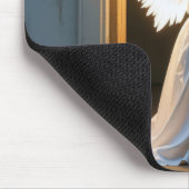 Angel kind kijkt rond een oude deur muismat (Hoek)