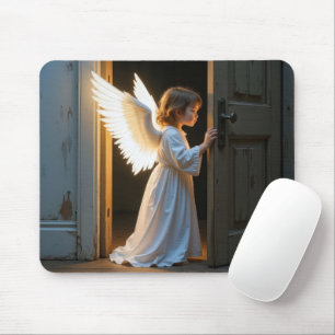 Angel kind kijkt rond een oude deur muismat