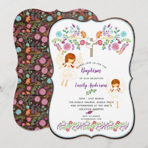 Angel Love Baptism Invitation and Folk Flowers Kaart
