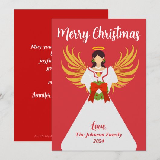 Angel Merry Christmas Red Green Wreath Wings Naam Feestdagenkaart (Voorkant / Achterkant)