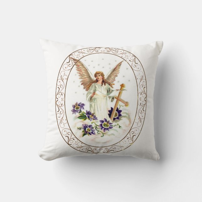 Angel met Cross en Clematis Flowers Kussen (Voorkant)