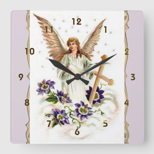 Angel met Cross en Clematis Flowers Vierkante Klok (Voorkant)