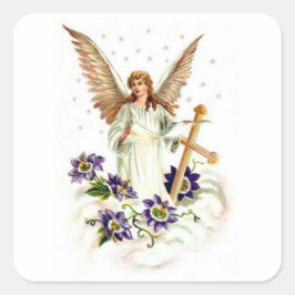 Angel met Cross en Clematis Flowers Vierkante Sticker