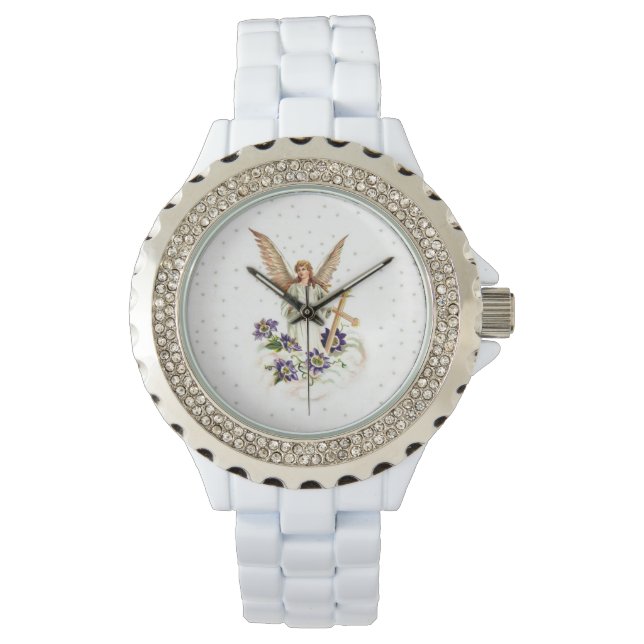 Angel met Cross en Clematis Flowers Watch Horloge (Voorkant)
