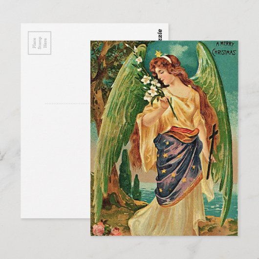 Angel met een bloemetaftakking briefkaart (Voorkant / Achterkant)