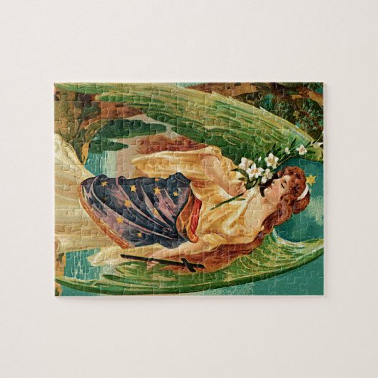 Angel met een bloemetaftakking legpuzzel (Horizontaal)