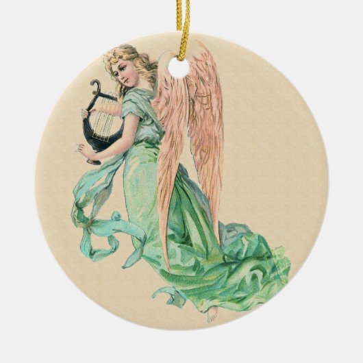 Angel met een Harp Kerstmis Keramisch Ornament (Voorkant)
