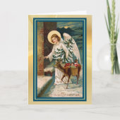 Angel met herten en geschenken Vintage kerst Kaart (Voorkant)
