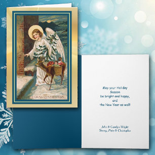 Angel met herten en geschenken Vintage kerst Kaart