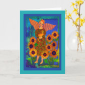 Angel met Oranje tablet en zonnebloemen Kaart (Gele Bloem)