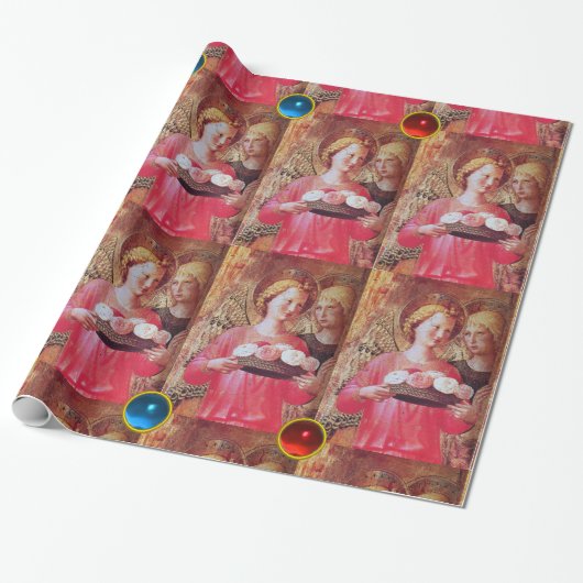 ANGEL MET ROZEN EN RODE BLAUWE GEMSTONEN CADEAUPAPIER (Uitgerold)