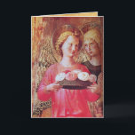ANGEL MET ROZEN FEESTDAGEN KAART<br><div class="desc">Italiaanse wijlen middeleeuwse meesterwerk uit Fra Beato Angelico - Detail van de Perugia Triptych 1437. Italië Tempera en gouden folie.. Twee engelen met gouden vleugels met een roos mand,  ontwikkeld met een oud rijpingsproces en een heldere 3D roze gem steen.</div>