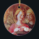 ANGEL MET ROZEN KERAMISCH ORNAMENT<br><div class="desc">Italiaans laatmeesterwerk van Fra Beato Angelico - Detail van de Perugia Triptych 1437. Italië Tempera en gouden folie. Twee engelen met gouden vleugels met een roos mand.</div>