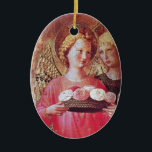 ANGEL MET ROZEN KERAMISCH ORNAMENT<br><div class="desc">Italiaans laatmeesterwerk van Fra Beato Angelico - Detail van de Perugia Triptych 1437. Italië Tempera en gouden folie. Twee engelen met gouden vleugels met een roos mand.</div>