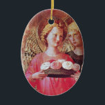 ANGEL MET ROZEN KERAMISCH ORNAMENT<br><div class="desc">Italiaans laatmeesterwerk van Fra Beato Angelico - Detail van de Perugia Triptych 1437. Italië Tempera en gouden folie. Twee engelen met gouden vleugels met een roos mand.</div>