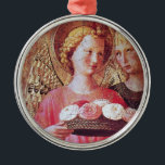 ANGEL MET ROZEN METALEN ORNAMENT<br><div class="desc">Italiaans laatmeesterwerk van Fra Beato Angelico - Detail van de Perugia Triptych 1437. Italië Tempera en gouden folie. Twee engelen met gouden vleugels met een roos mand.</div>