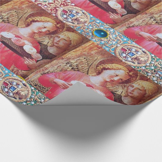 ANGEL MET ROZEN, RODE BLAUWE GEMSTONES, WITTE PIJL CADEAUPAPIER (Hoek)