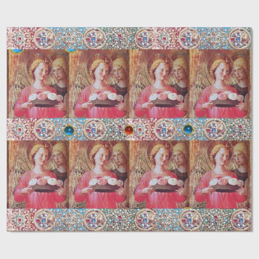 ANGEL MET ROZEN, RODE BLAUWE GEMSTONES, WITTE PIJL CADEAUPAPIER (Vlak)