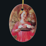 ANGEL MET ROZEN Roze Amethyst Gem-steen Keramisch Ornament<br><div class="desc">Italiaans meesterwerk van wijlen middeleeuws uit Fra Beato Angelico - Detail van de Perugia Triptych 1437. Italië Tempera en gouden folie. Twee engelen met gouden vleugels met een roos mand,  ontwikkeld met een heldere,  roze 3D-roze amethystaart.</div>