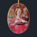 ANGEL MET ROZEN Roze Amethyst Gem-steen Keramisch Ornament<br><div class="desc">Italiaans meesterwerk van wijlen middeleeuws uit Fra Beato Angelico - Detail van de Perugia Triptych 1437. Italië Tempera en gouden folie. Twee engelen met gouden vleugels met een roos mand,  ontwikkeld met een heldere,  roze 3D-roze amethystaart.</div>